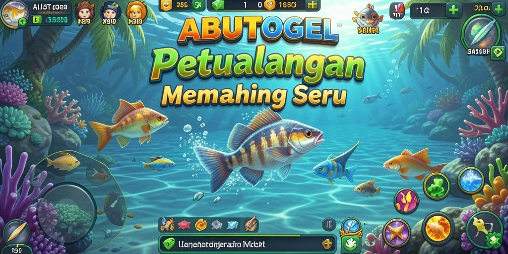 Screenshot utama ABUTOGEL menampilkan aksi memancing yang seru di lokasi yang indah.