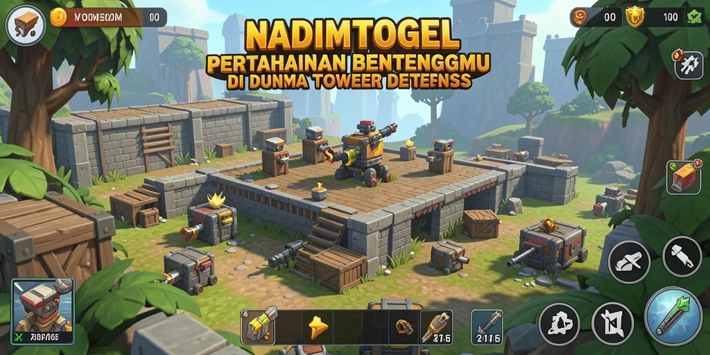 Screenshot NADIMTOGEL menampilkan serangan menara dalam aksi Tower Defense.