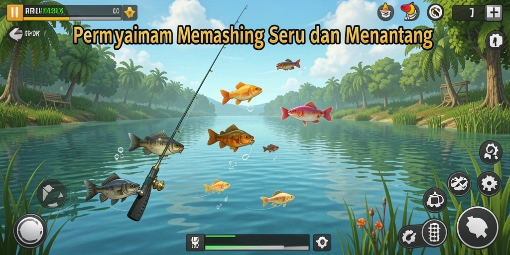 Screenshot utama RPOK menampilkan gameplay memancing yang menarik.