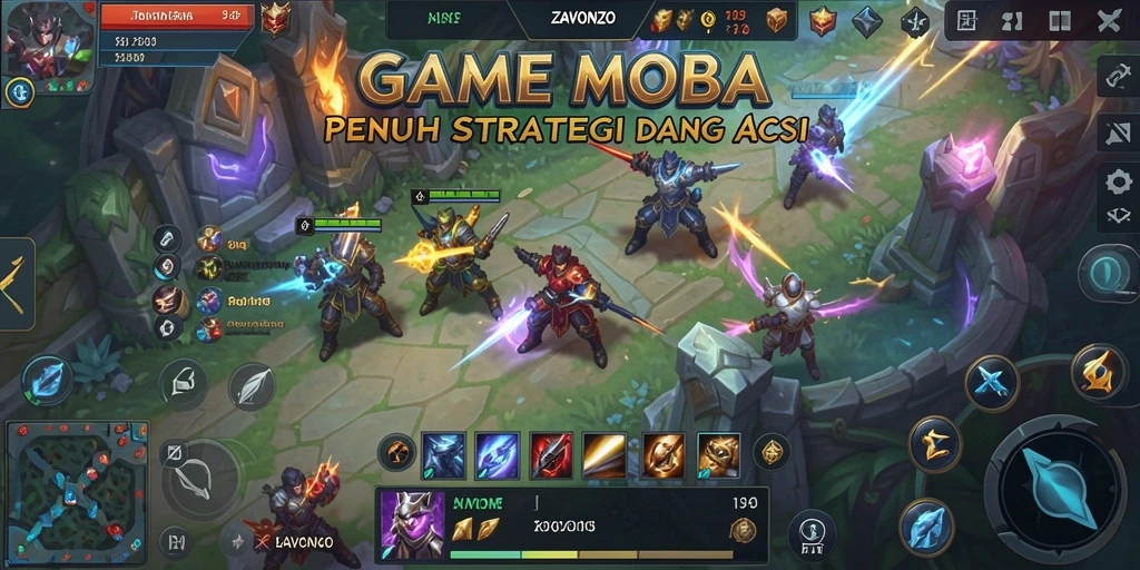Tampilan aksi seru di ZAVONZO dengan gameplay MOBA yang dinamis.